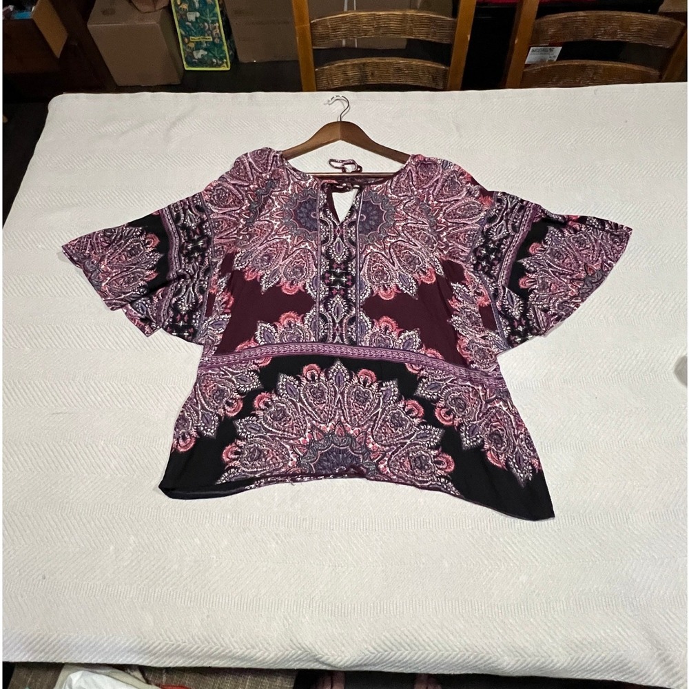 Nostalgia Burgundy Paisley Print Boho Flutter Sleeve Tunic Womens Large Blouse - Picture 2 of 5
